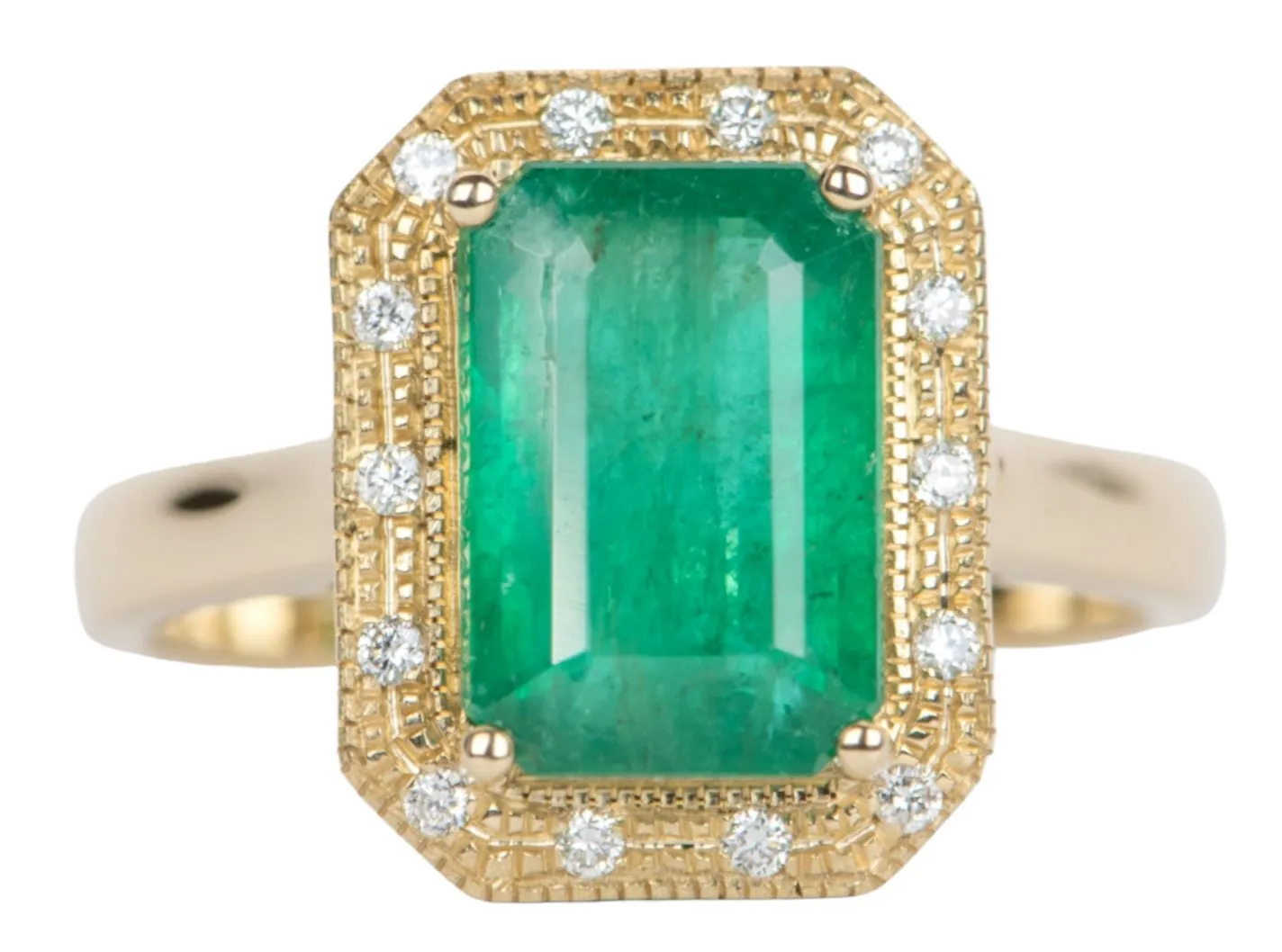 3.31ct Emerald with Diamond Halo 14K Yellow Gold Ring R6359