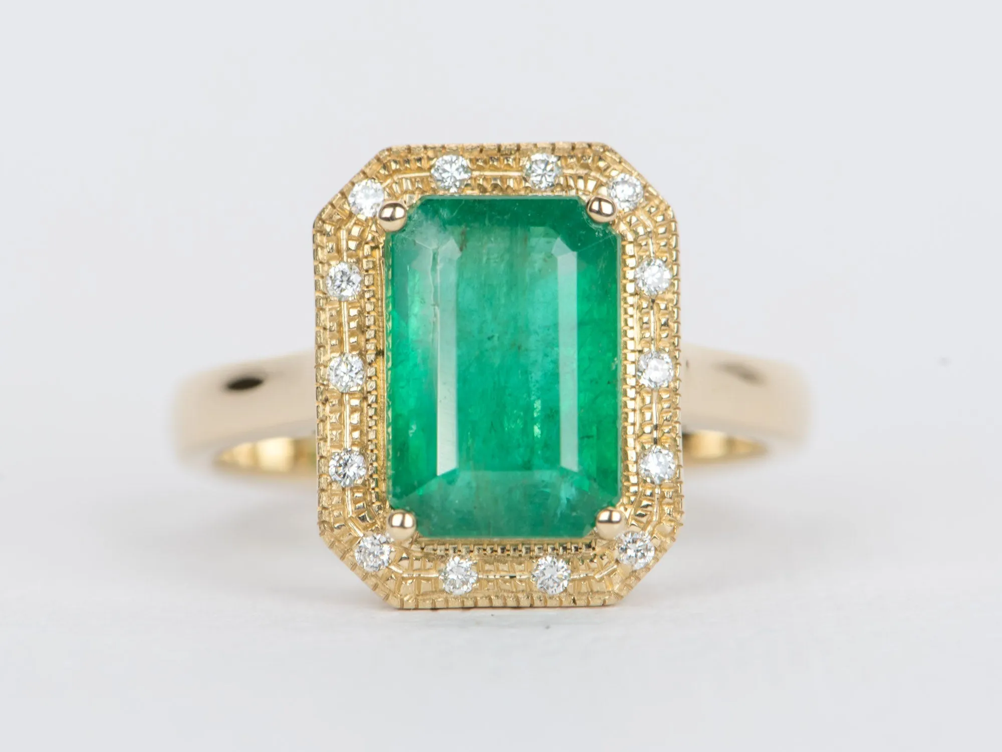 3.31ct Emerald with Diamond Halo 14K Yellow Gold Ring R6359