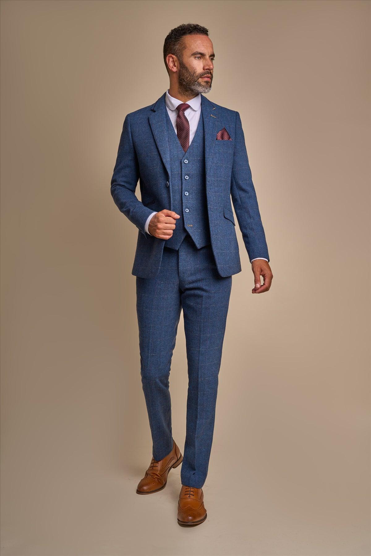 Carnegi Blue Short Tweed Three Piece Suit