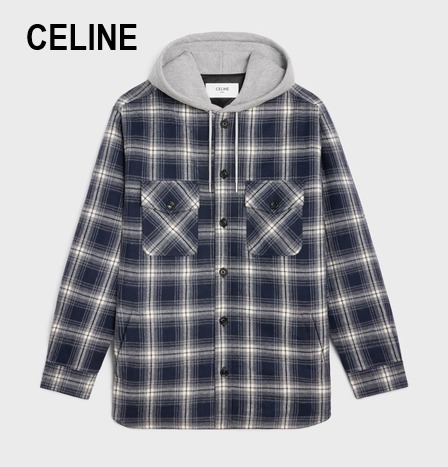 CELINE  |hooded overshirt in checked cotton