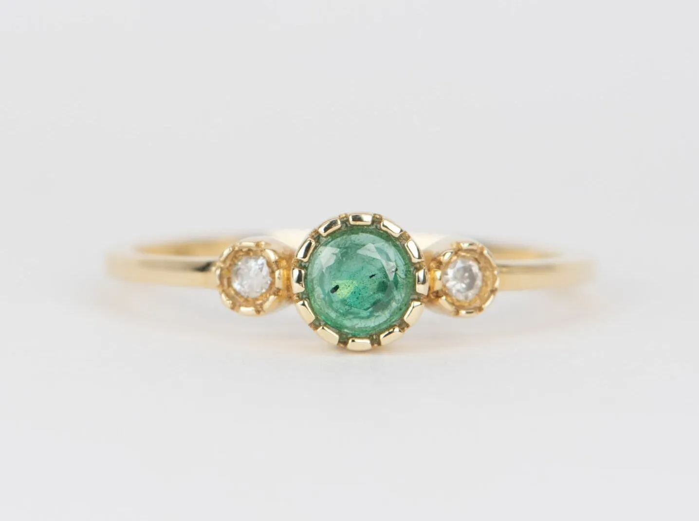 Dainty Emerald and Diamond Three-Stone Band 14K Gold T018