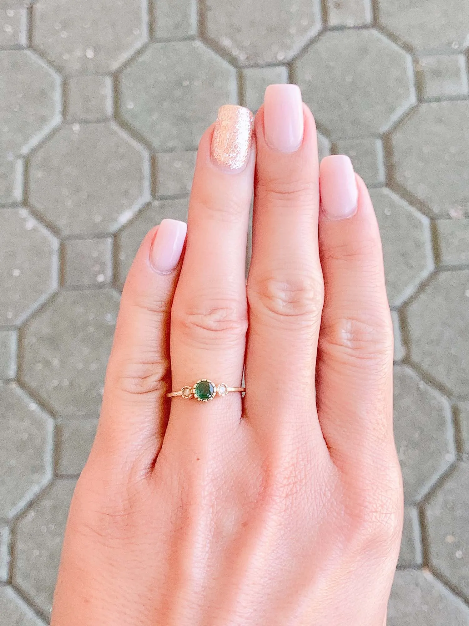 Dainty Emerald and Diamond Three-Stone Band 14K Gold T018