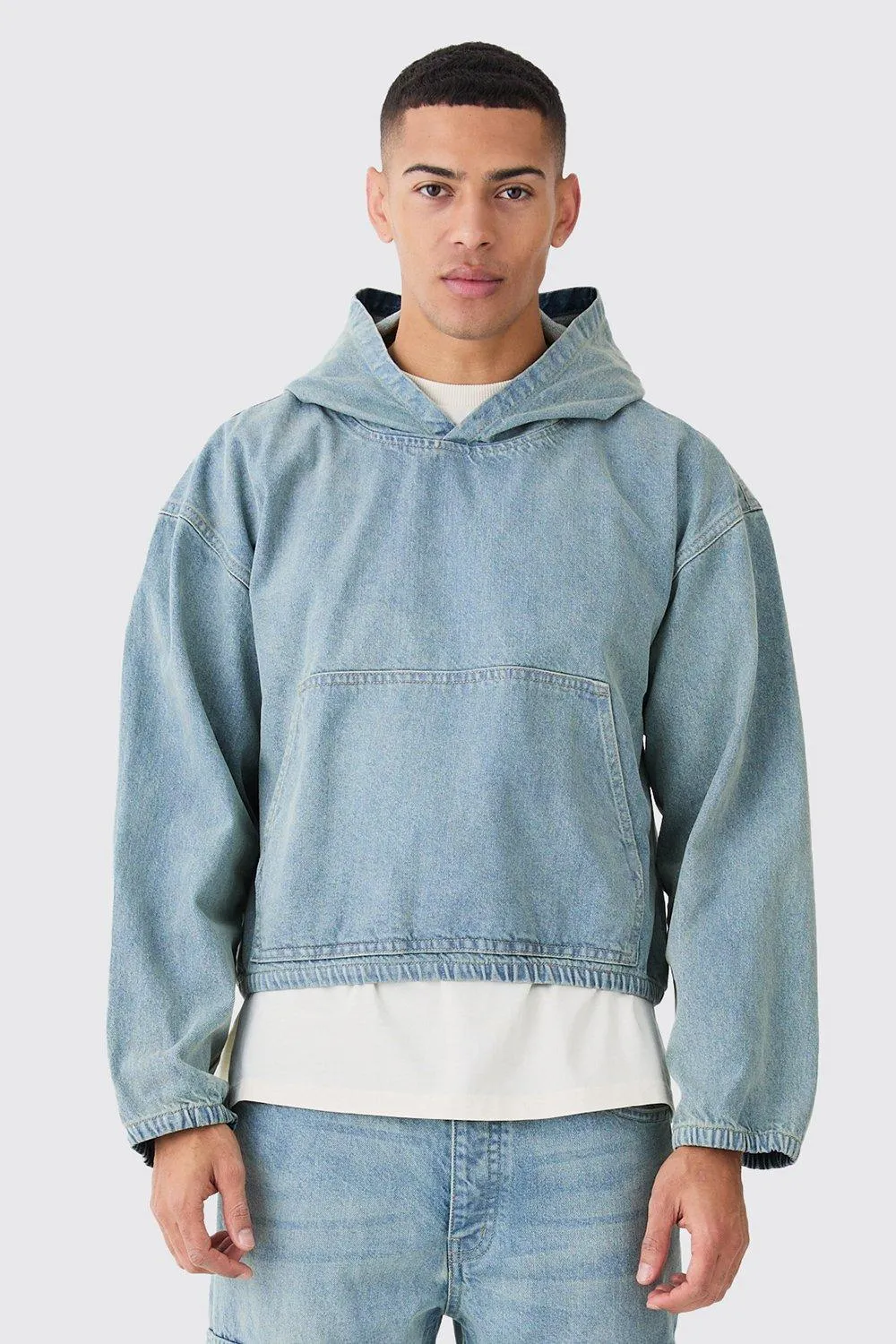 Denim Boxy Fit Hoodie | boohooMAN UK