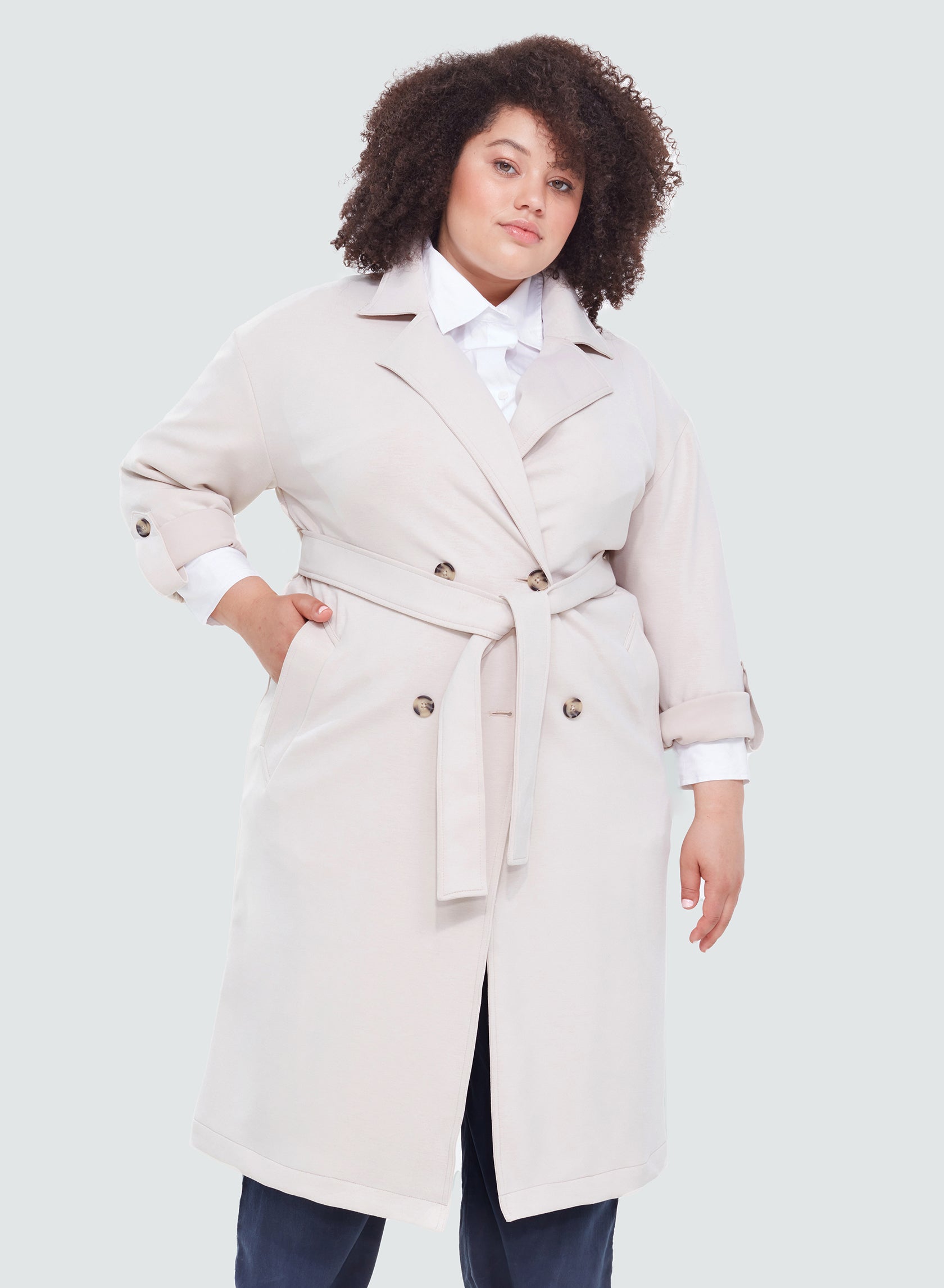 Dex Plus Double Breasted Knit Trench In Soft Ecru