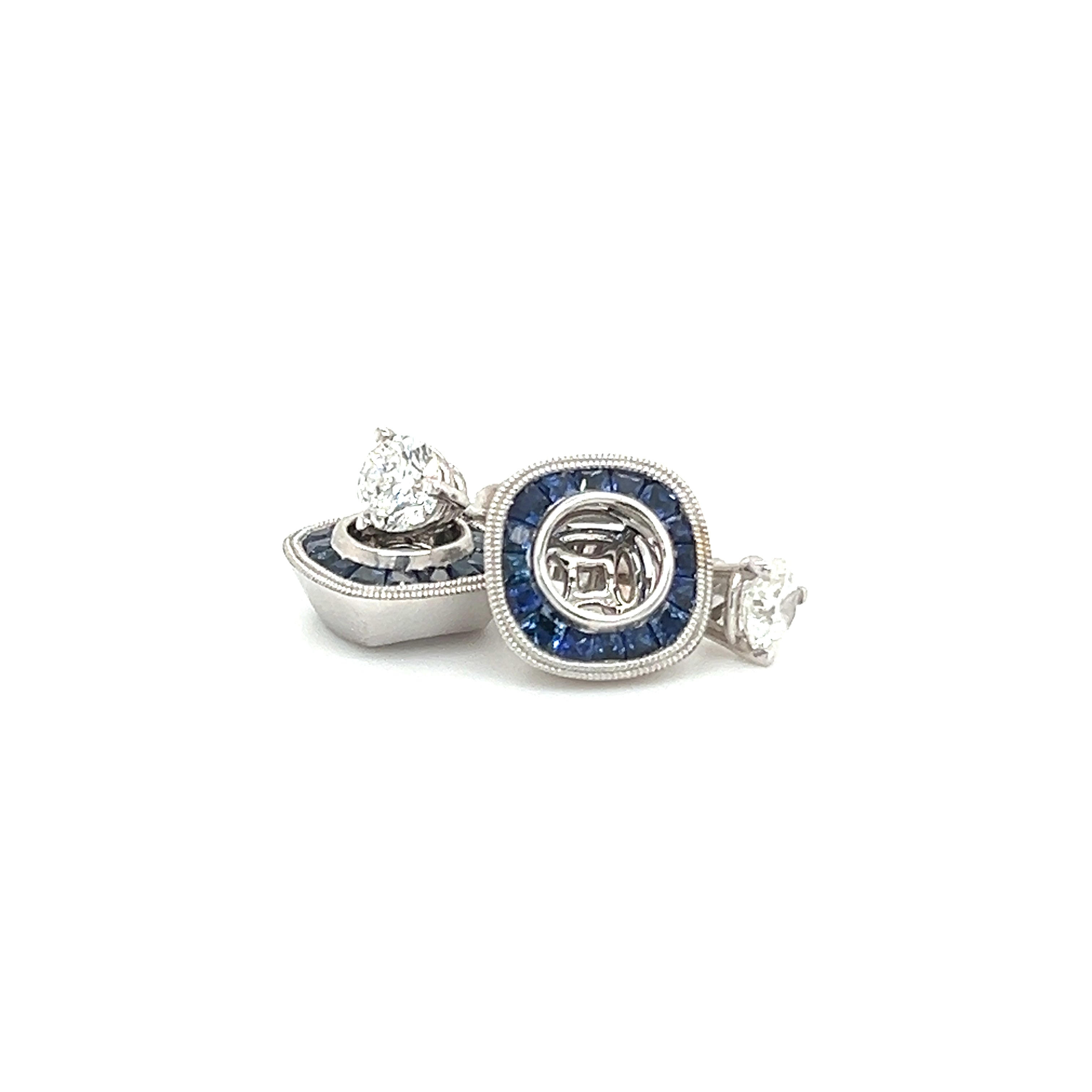 Diamond 1ctw Stud Earrings with Blue Sapphire Jackets in 14K White Gold