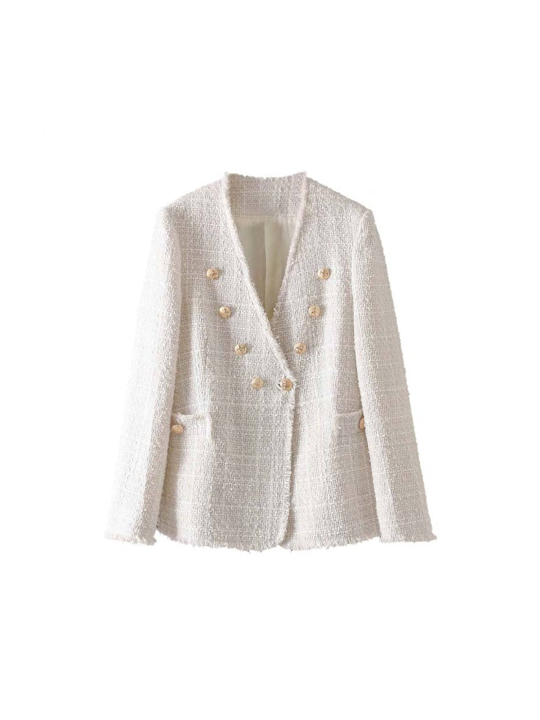 Double Breasted V Neck Tweed Blazer