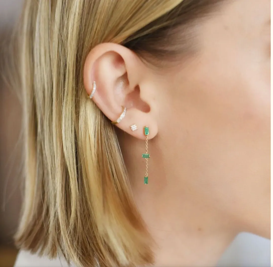 Emerald Baguette and Chain Drop Earrings