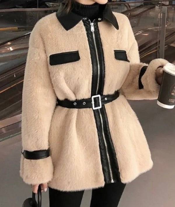 Faux Fur Pu Leather Trimmed Coat