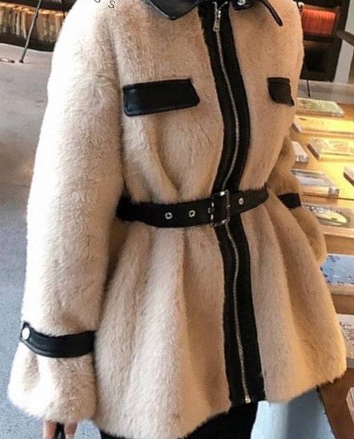 Faux Fur Pu Leather Trimmed Coat