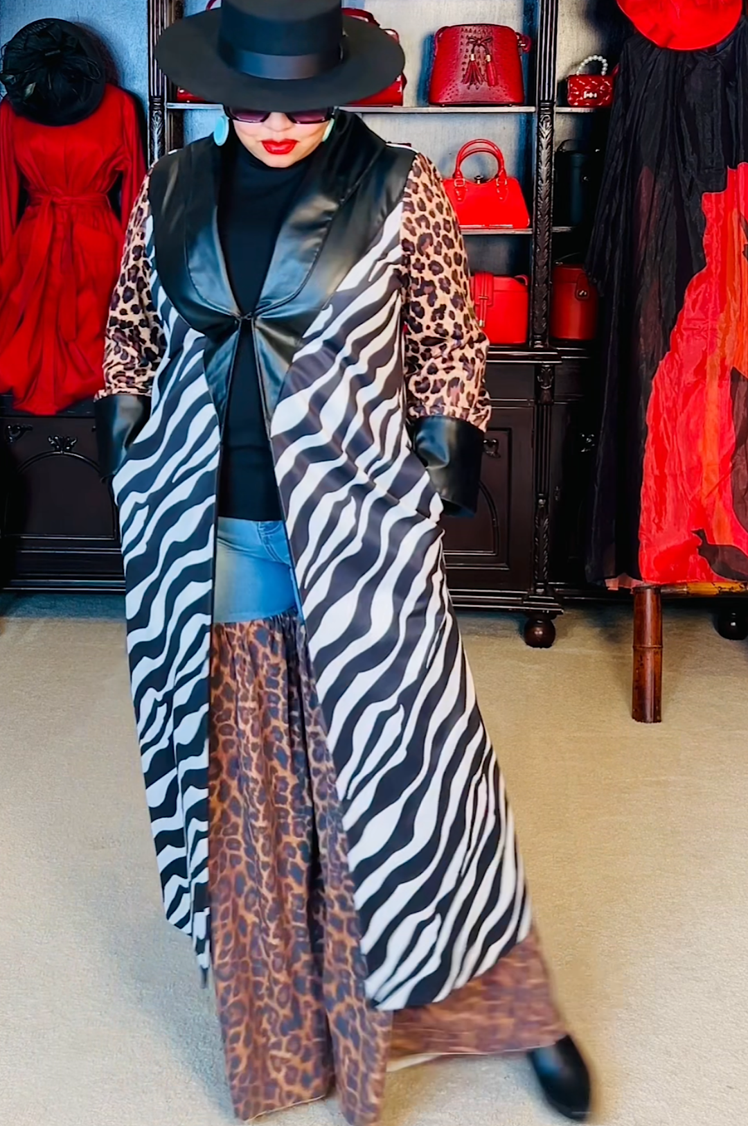 Faux Leather Animal Print Duster Jacket