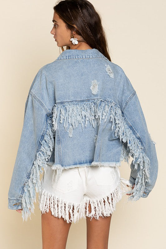 Fringe Distressed Crop Denim Jacket