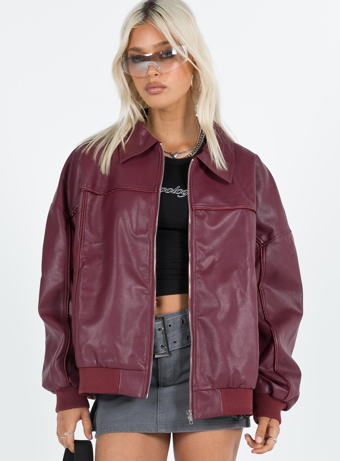 Goldsmith Faux Leather Bomber Jacket Burgundy