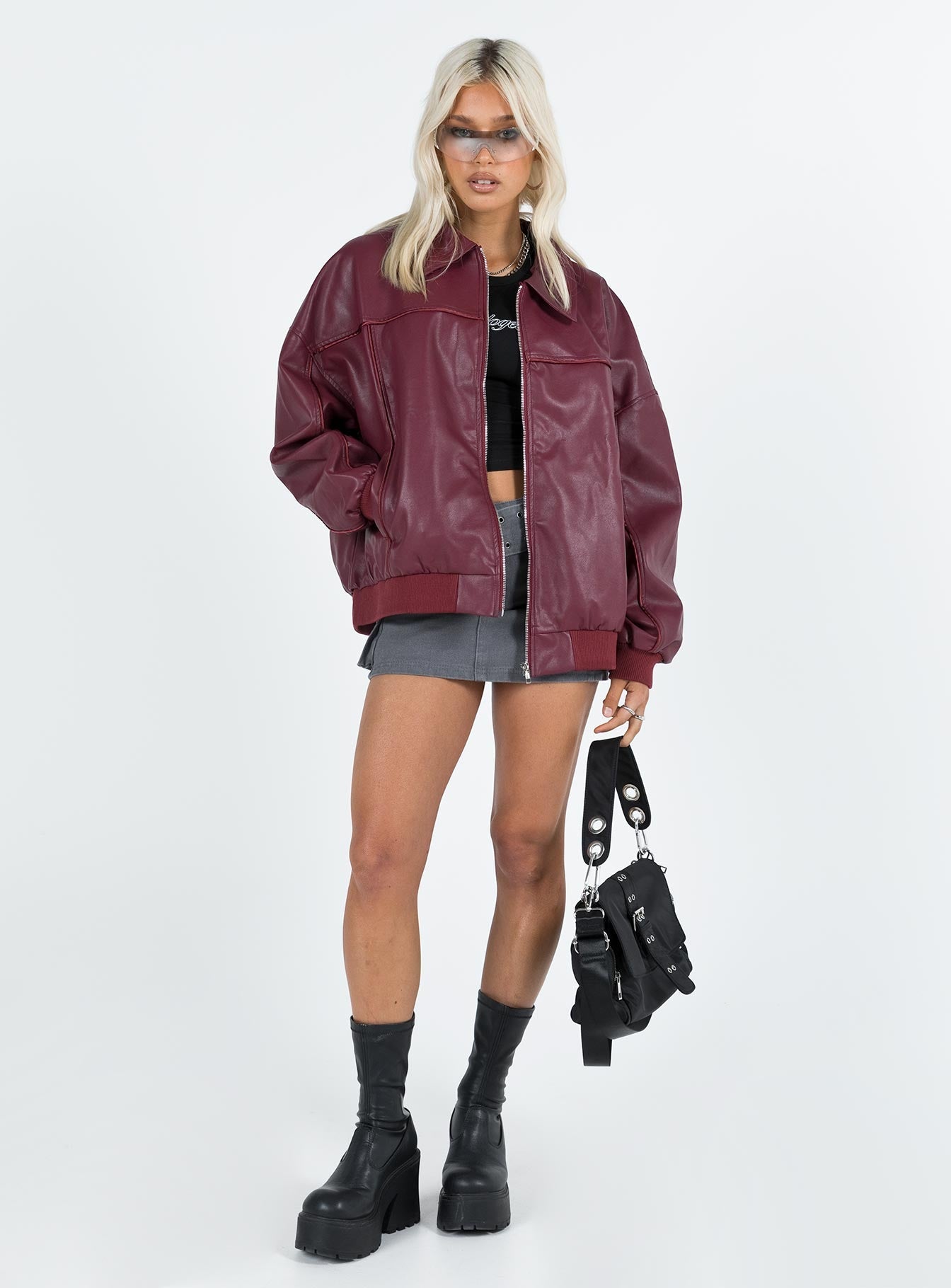 Goldsmith Faux Leather Bomber Jacket Burgundy