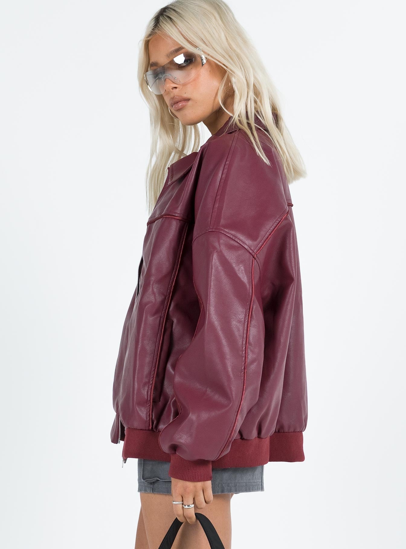 Goldsmith Faux Leather Bomber Jacket Burgundy