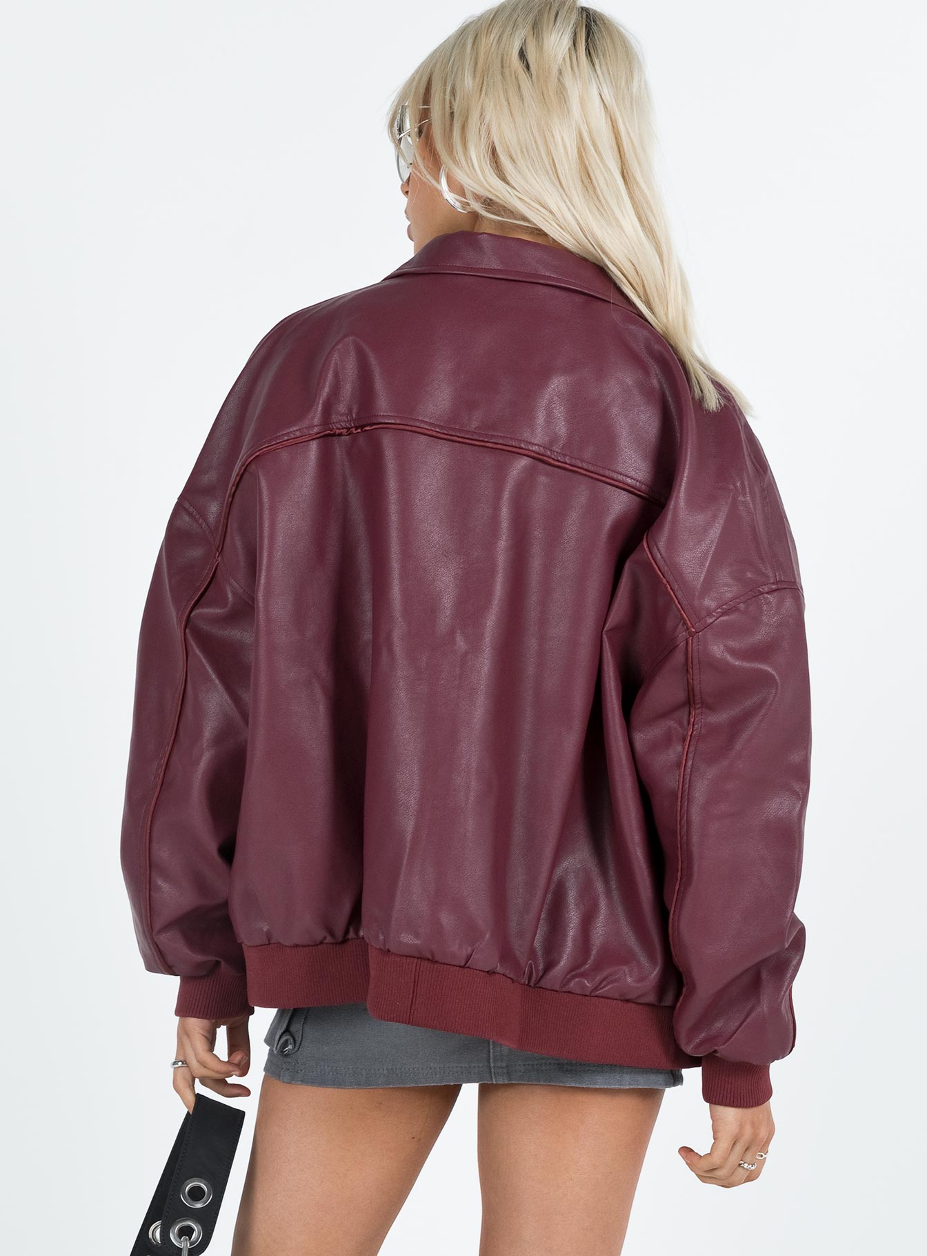 Goldsmith Faux Leather Bomber Jacket Burgundy