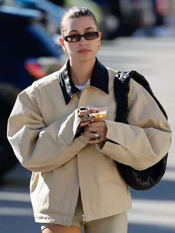 Hailey Bieber Beige Trucker Jacket - New American Jackets