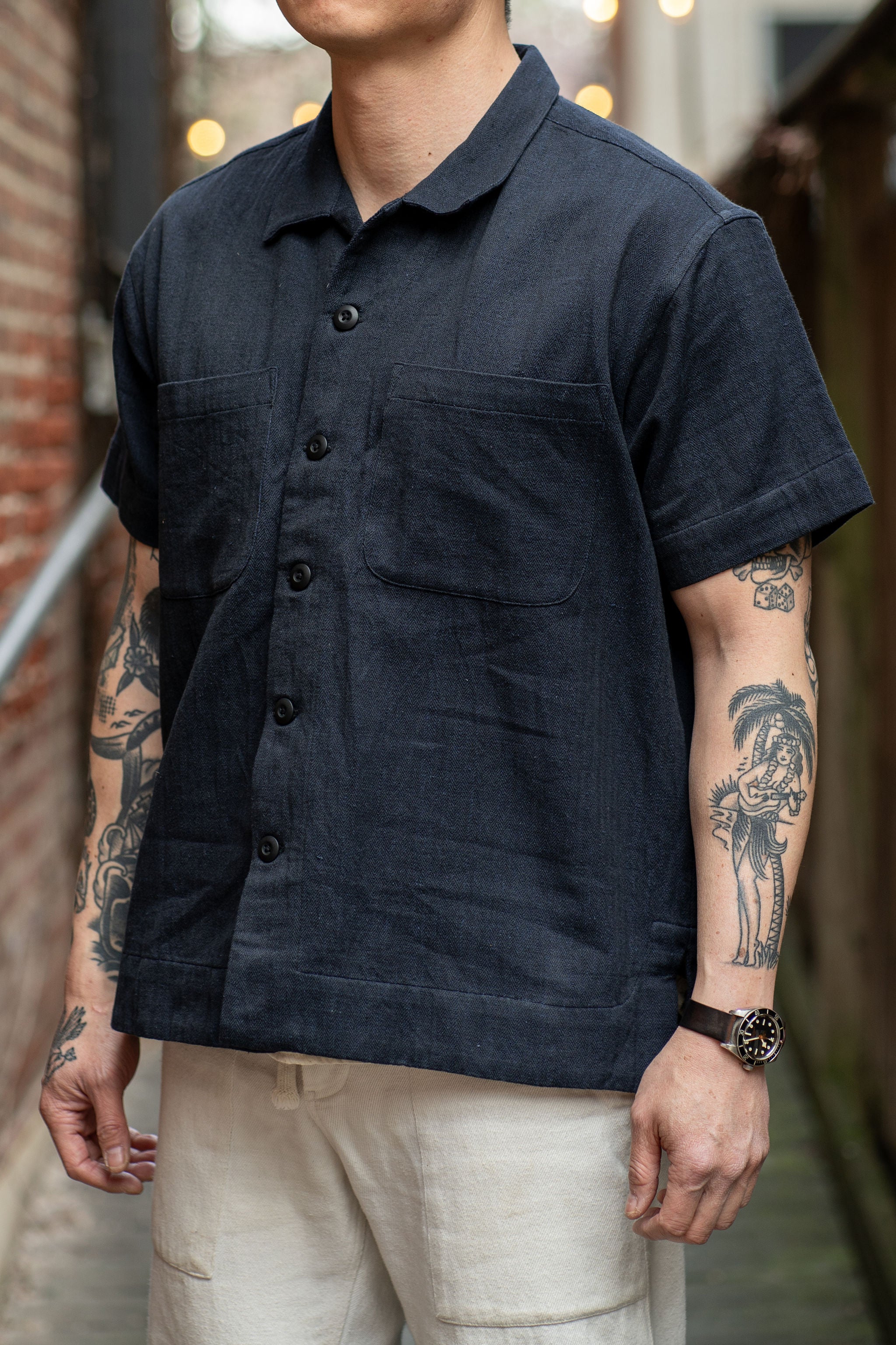 Indi + Ash  Lake Camp Overshirt - Handwoven Military Herringbone Iron/Indigo