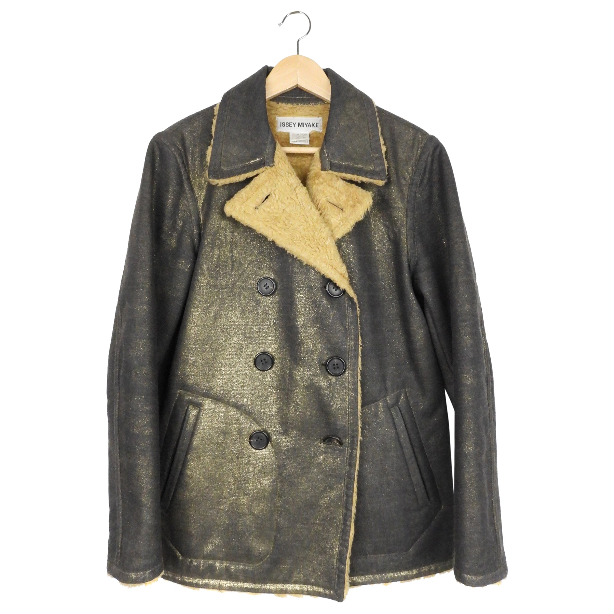 Issey Miyake Gold Metallic Denim Shearling Jacket