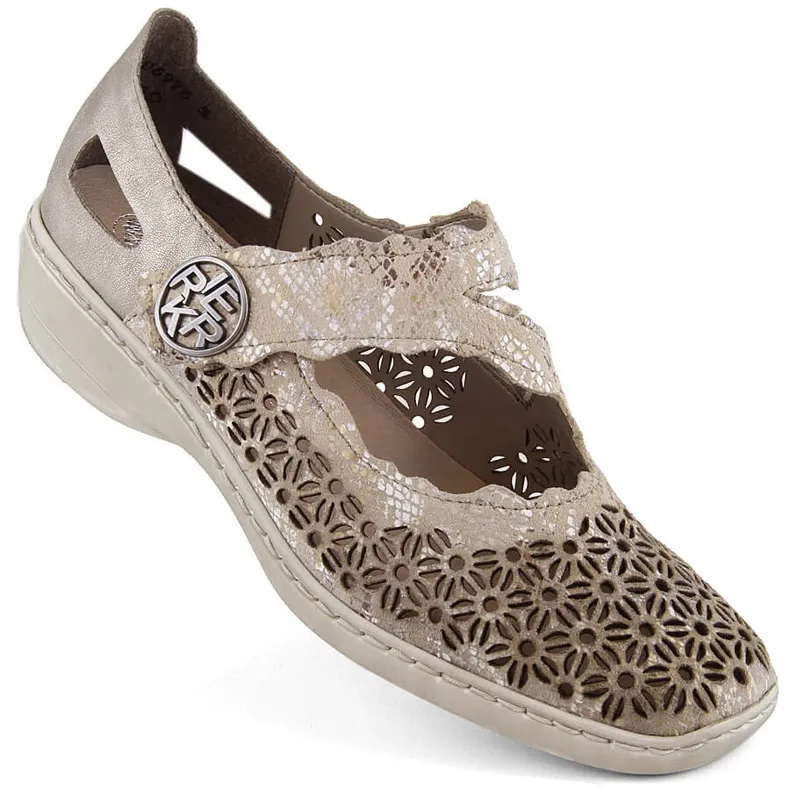 Leather comfortable women's openwork shoes with velcro, metallic Rieker 413G4-90 beige