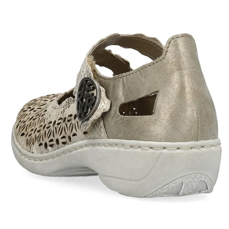 Leather comfortable women's openwork shoes with velcro, metallic Rieker 413G4-90 beige