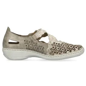 Leather comfortable women's openwork shoes with velcro, metallic Rieker 413G4-90 beige