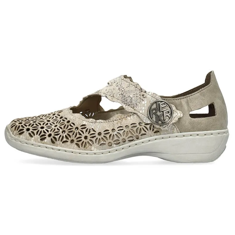 Leather comfortable women's openwork shoes with velcro, metallic Rieker 413G4-90 beige