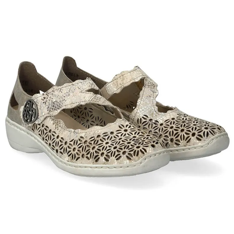 Leather comfortable women's openwork shoes with velcro, metallic Rieker 413G4-90 beige