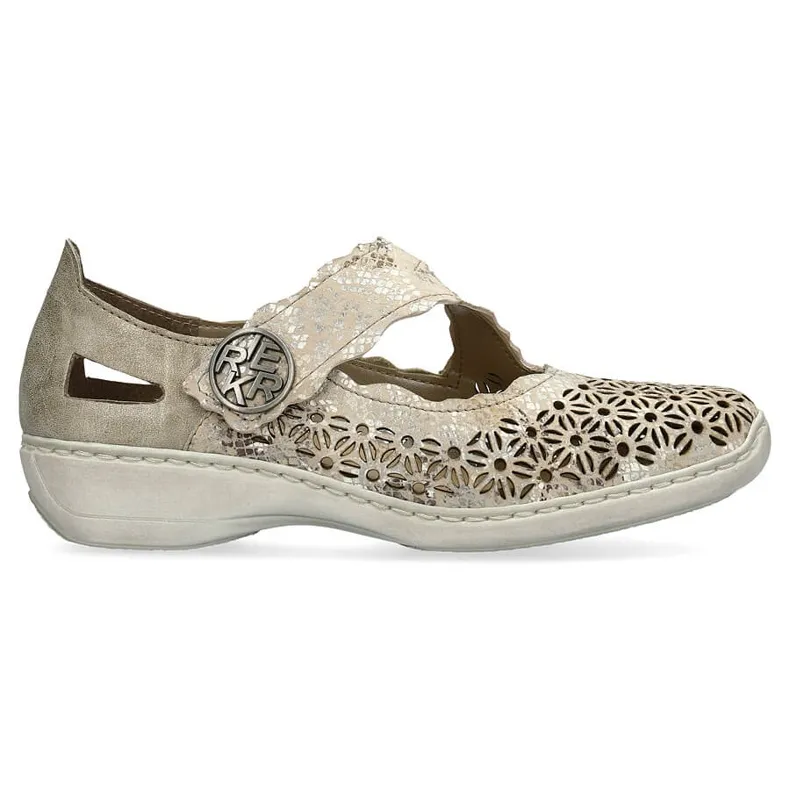 Leather comfortable women's openwork shoes with velcro, metallic Rieker 413G4-90 beige