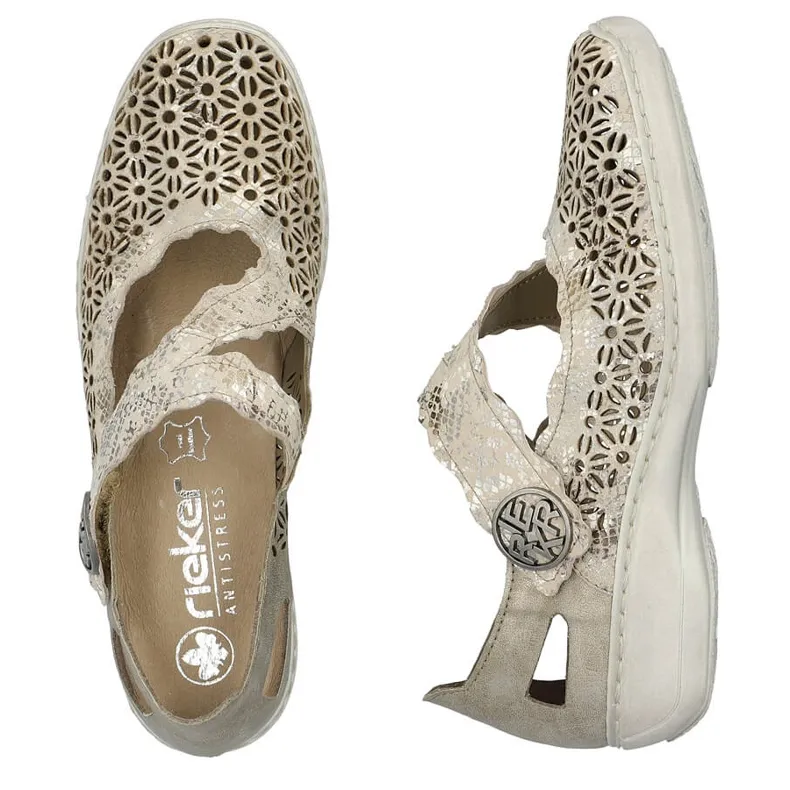 Leather comfortable women's openwork shoes with velcro, metallic Rieker 413G4-90 beige