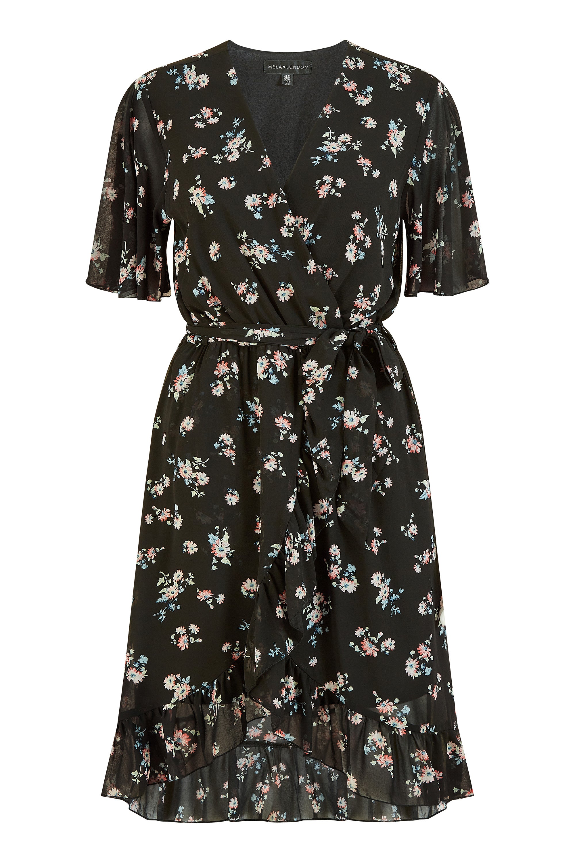 Mela London Black Floral Frill Wrap Dress