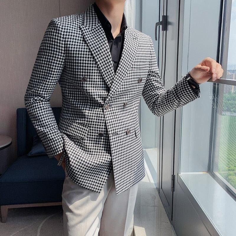 Men Blazer - Double-Breasted Houndstooth Blazer