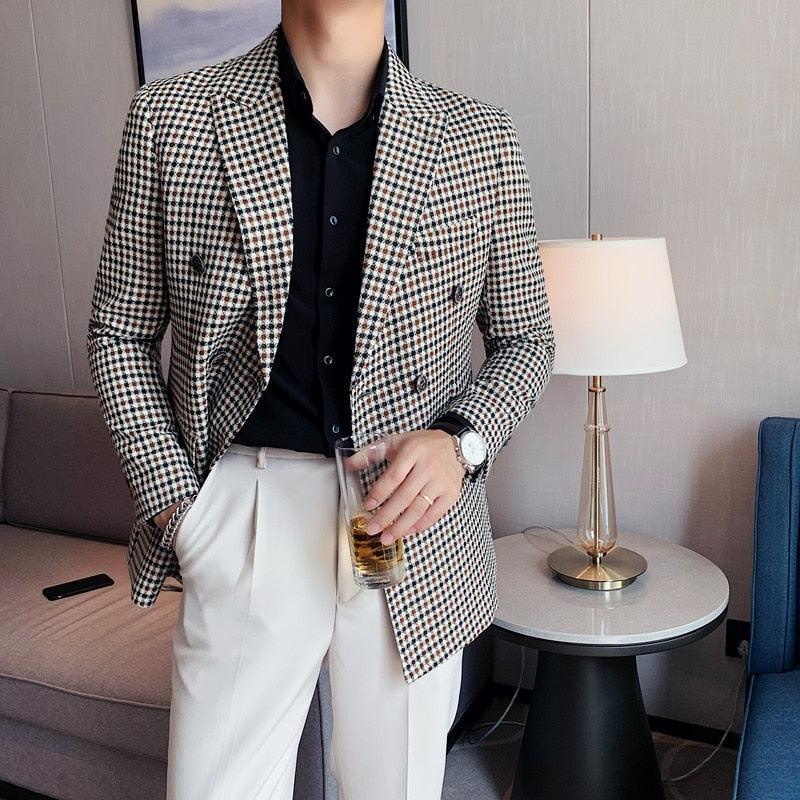 Men Blazer - Double-Breasted Houndstooth Blazer