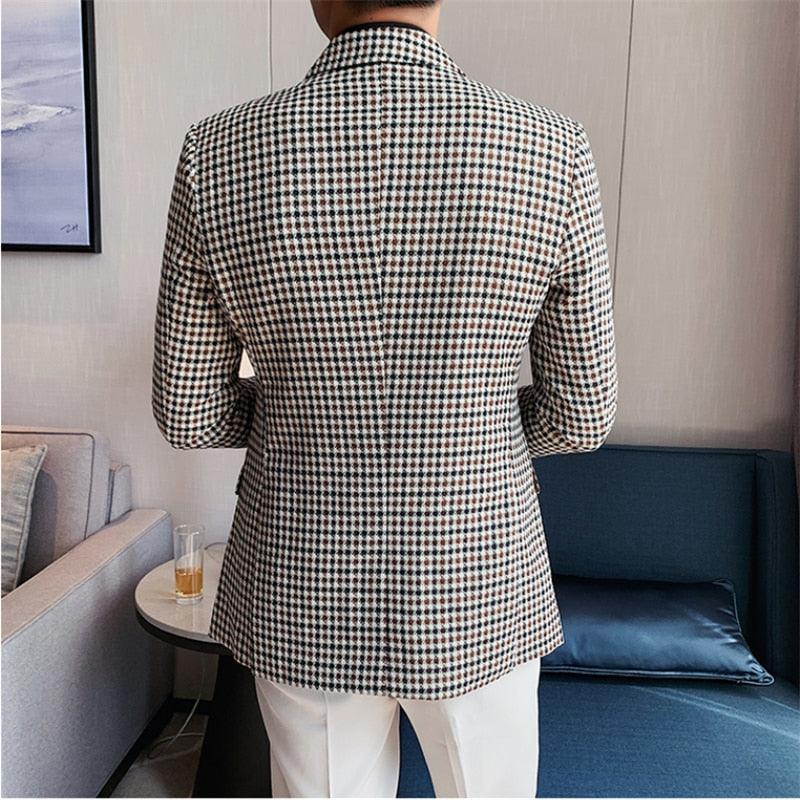 Men Blazer - Double-Breasted Houndstooth Blazer