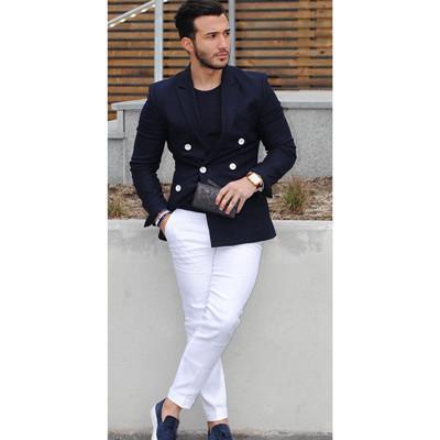 Men Blazer - Navy Blue Double-Breasted Blazer