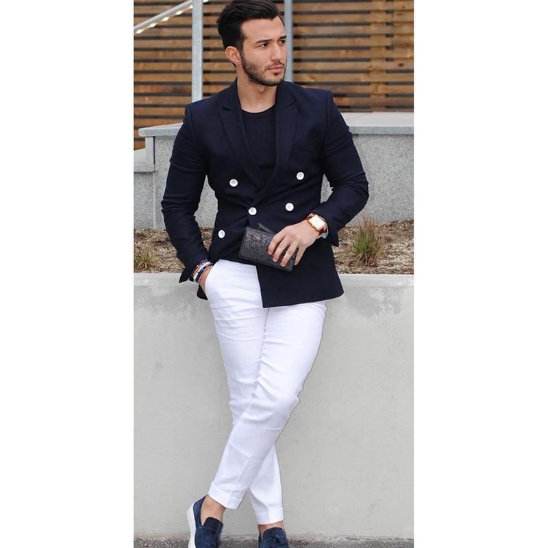 Men Blazer - Navy Blue Double-Breasted Blazer