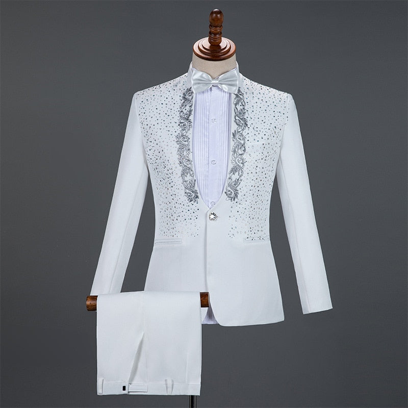 Men's Casual Diamond Embroidery Single Breasted Two Piece Suit