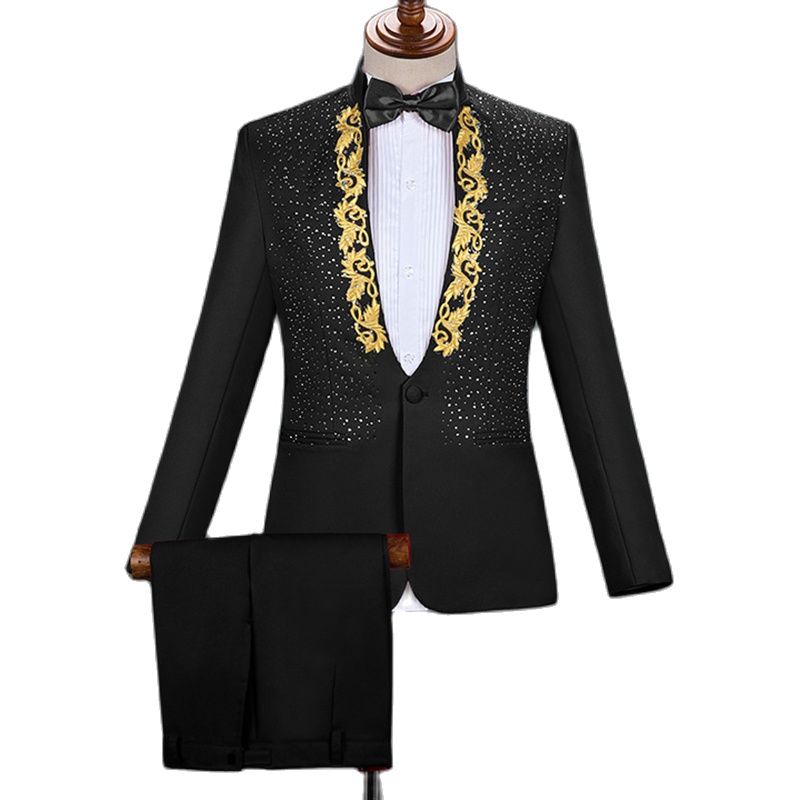 Men's Casual Diamond Embroidery Single Breasted Two Piece Suit