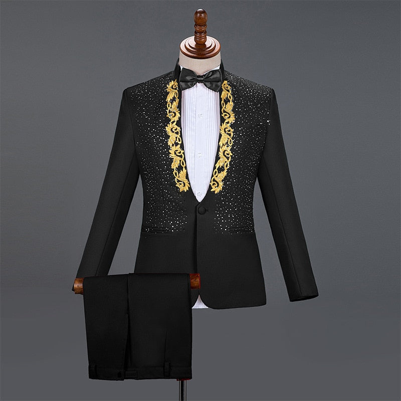 Men's Casual Diamond Embroidery Single Breasted Two Piece Suit