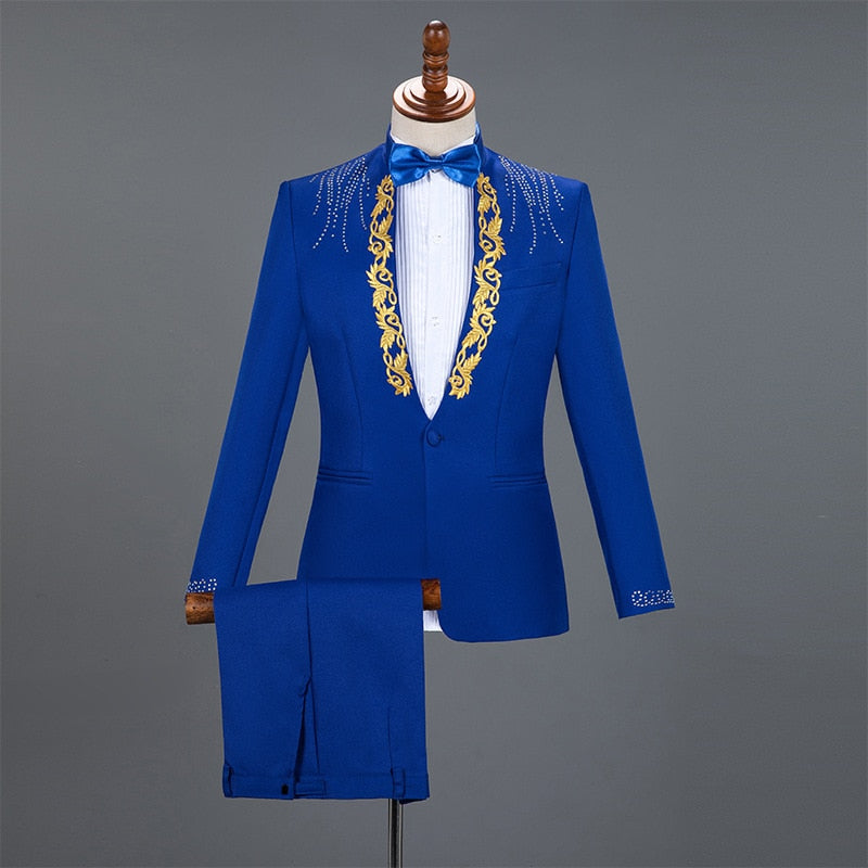 Men's Casual Diamond Embroidery Single Breasted Two Piece Suit