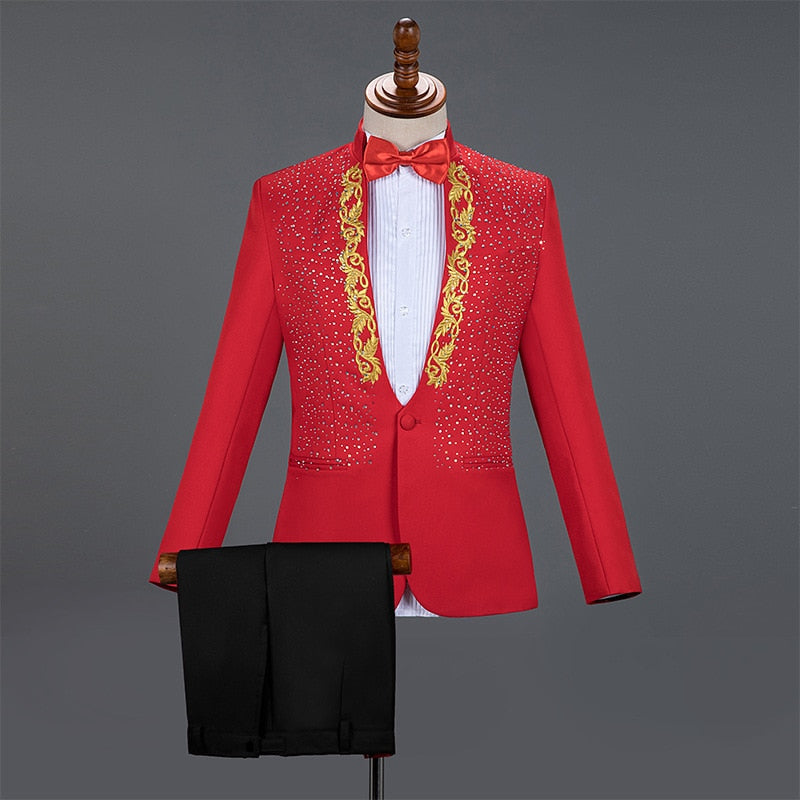 Men's Casual Diamond Embroidery Single Breasted Two Piece Suit