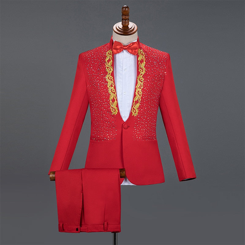 Men's Casual Diamond Embroidery Single Breasted Two Piece Suit