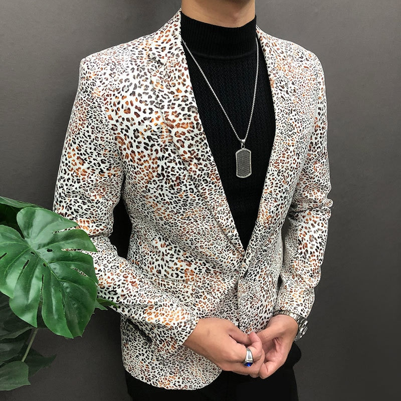 Men's Casual Style Leopard Pattern Slim Fit British Night Club Blazer