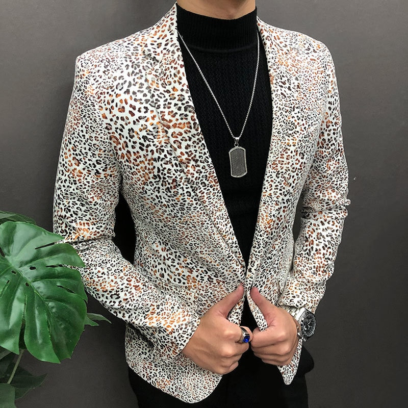 Men's Casual Style Leopard Pattern Slim Fit British Night Club Blazer