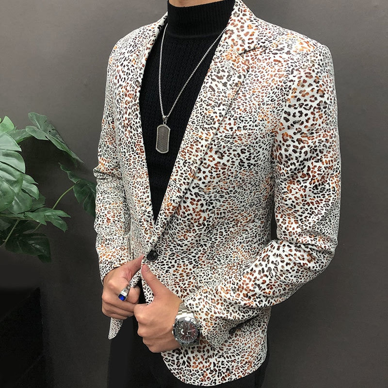 Men's Casual Style Leopard Pattern Slim Fit British Night Club Blazer