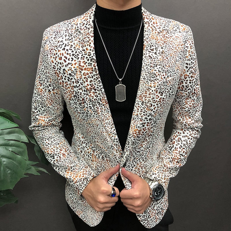 Men's Casual Style Leopard Pattern Slim Fit British Night Club Blazer