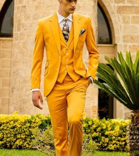 Mustard Yellow Fashion Men's Slim Fit Custom Suits Men Business Prom Wedding Suits 3 Pieces Set Traje Hombre Jacket Vest Pants