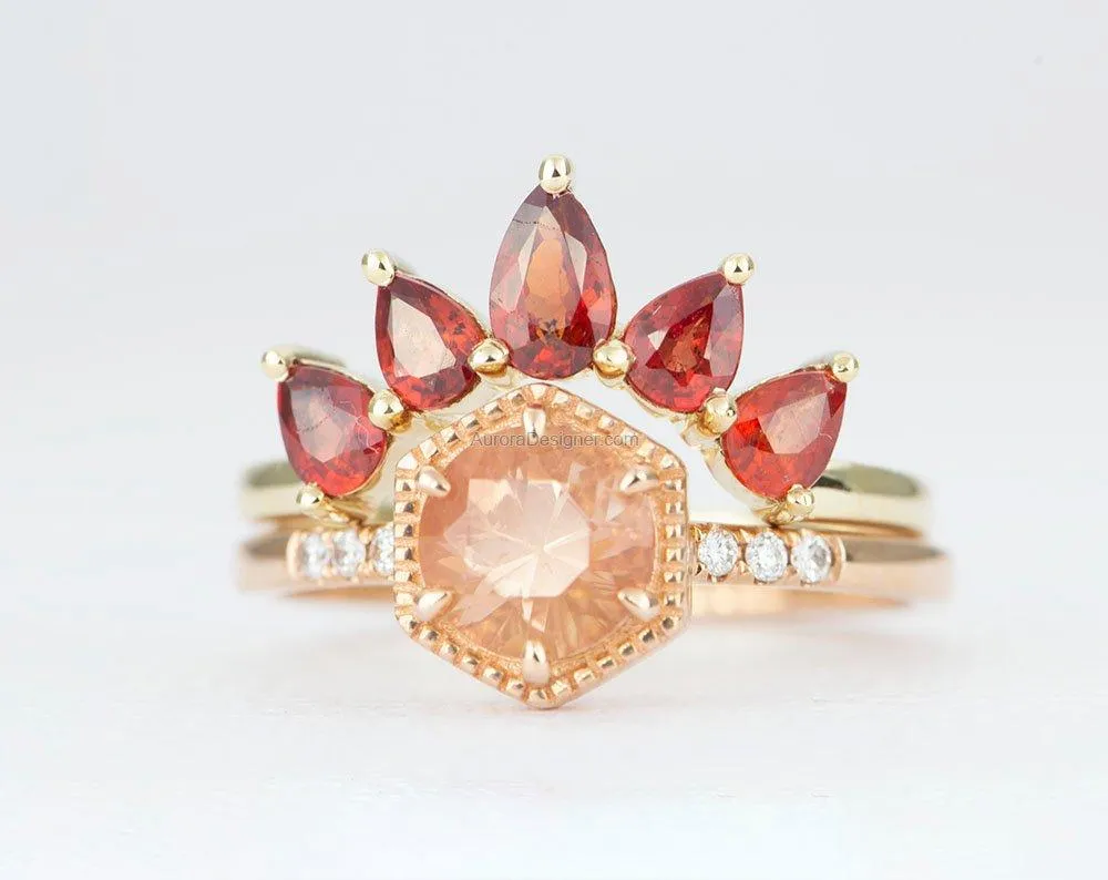 Orange Sapphire Crown Ring 14K Gold AD1456OS