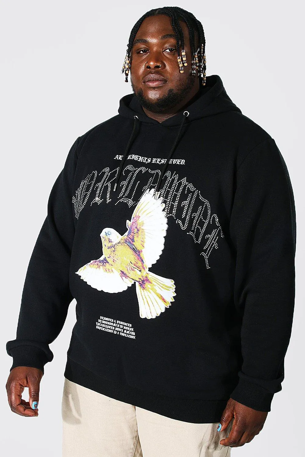 Plus Worldwide Bird Rhinestone Hoodie | boohooMAN UK