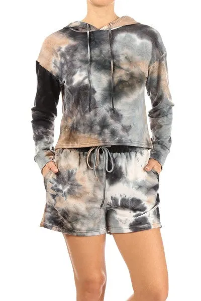 SALE Lounge Black Tan Tie Dye Hoodie and Shorts Set