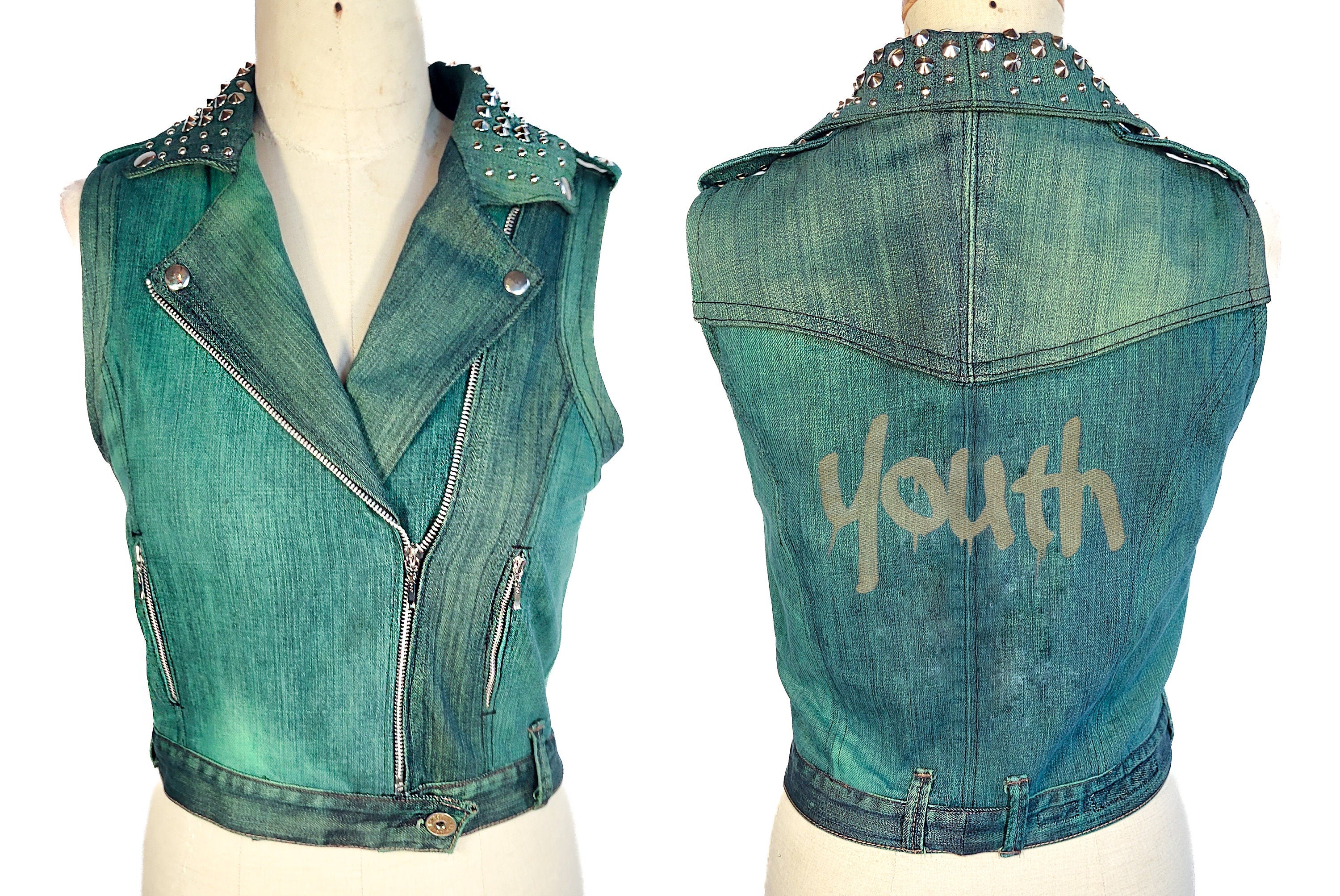 Studded n Dyed denim biker vest |  Custom vanity print to your request